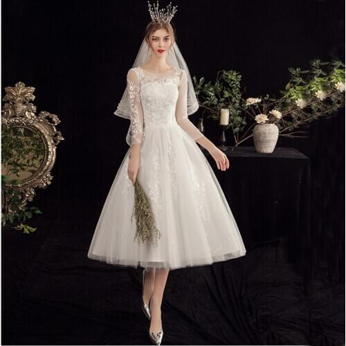 50s Style Retro Vintage Wedding Dresses 2021 3/4 Sleeves Lace Beads Buttons Short Sash Organza Bridal Dress