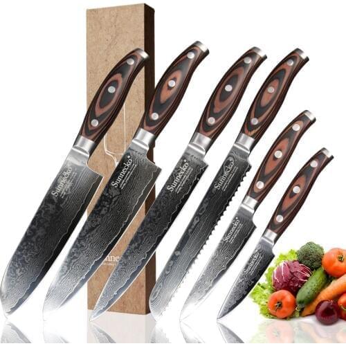 SUNNECKO 73 Layers Damascus Steel Japanese VG10 Chef Bread Slicing Santoku Utility Paring Knife Pakka Wood Handle Kitchen Knives
