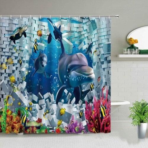 Funny Dolphin Shower Curtains Cute Animal Blue Seawater Sea Wave Scenery Bathroom Decor Cloth Hanging Curtain With Hooks Custom