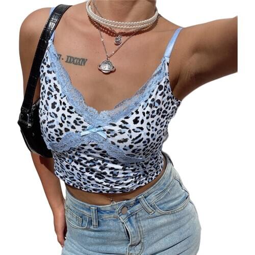 Women Fashion Leopard Camisole Lace Sling Cropped Top Casual No-Sleeve Summer Sexy Short V-Neck Leopard Printed Outerwear Tops