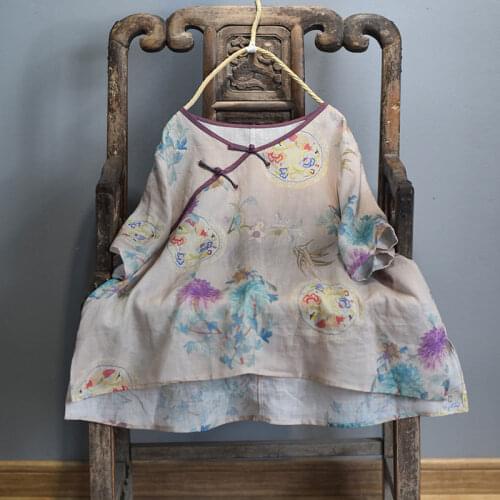 Women Loose Ramie Printed V Neck Blouse Tops Ladies Vintage Print Chinese Style Shirt Tops Female Retro Ramie Blouse 2020 Summer