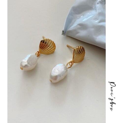 PerisBox Gold Shell Natural Freshwater Pearl Earrings Irregular 925 Sterling Silver Earrings for Women Vintage Drop Earrings