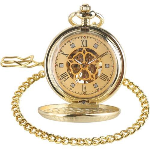 2020 Luxury Gold Mechanical Hand Wind Pocket Watch Hollow Roman Numbers Fob Clock Pendant Necklace For Men Women Gift