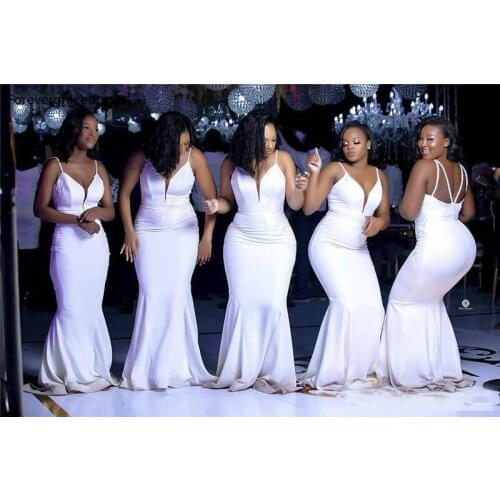 White Colour Mermaid Bridesmaid Dresses Deep V Neck Spaghetti Straps Maid Of Honor Gowns Wedding Guest Plus Size Custom Made