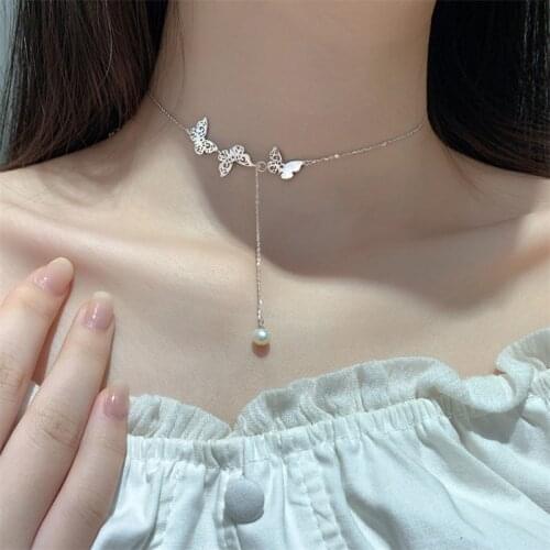 925 Sterling Silver Link Chain Tassel Butterfly Pendent Necklace For Women Girls Wedding Party Jewelry dz052