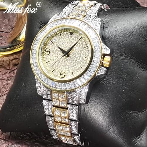 MISSFOX Iced Out Dial Watches For Man Gold Luxury Shine Mens Watch Diamond Hip Hop Round Stainless Steel Men AAA Quartz Watches