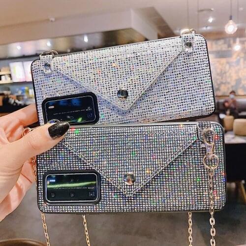 Neck Chain Lanyard Case For Huawei P30 Pro P40 Jewelled Glitter diamond Phone Holder Case For Huawei P40 Pro Girl phone case