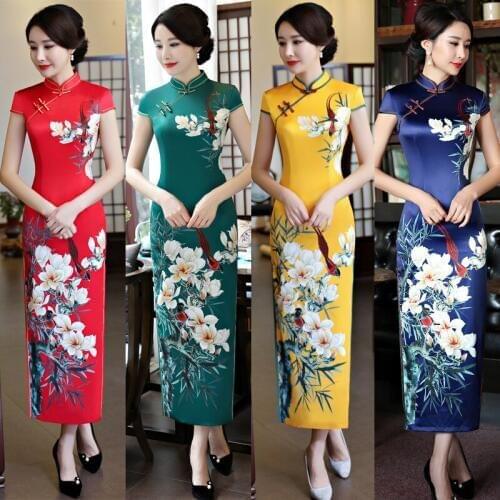 Short Sleeve Cheongsam Long Qipao Women Chinese Traditional Dress Oriental Style Dresses China Clothing Store