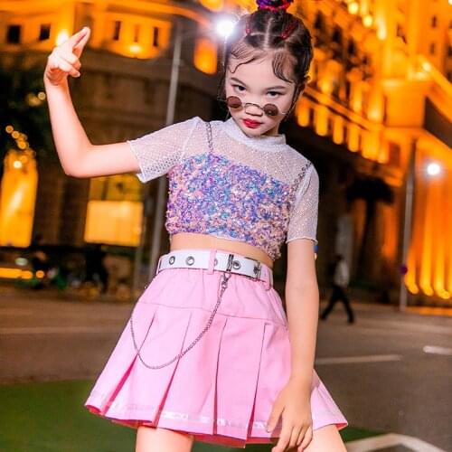 Girls Jazz Dance Performance Suit Pink Sequin Vest Mesh Tops Kids Street Dance Practice Clothing Hip Hop Stage Costumes DQL5632