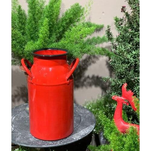Red Farmhouse White Enamel MILK CAN Vintage Style French Cottage Chic Vase