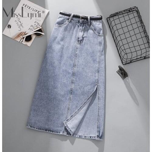 L-4XL Women High Waist Denim Skirt Summer 2021 Big Size Streetwear Solid Midi Skirt Side Split Pack Hip A-line Skirt Female Belt