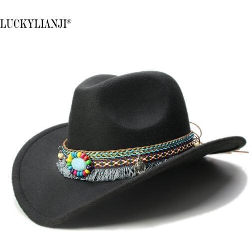 LUCKYLIANJI Womens Mens Unisexs Vintage Wool Felt Cowboy Wide Brim Bowler Hat Tassel Turquoise Braid Band (57cm)