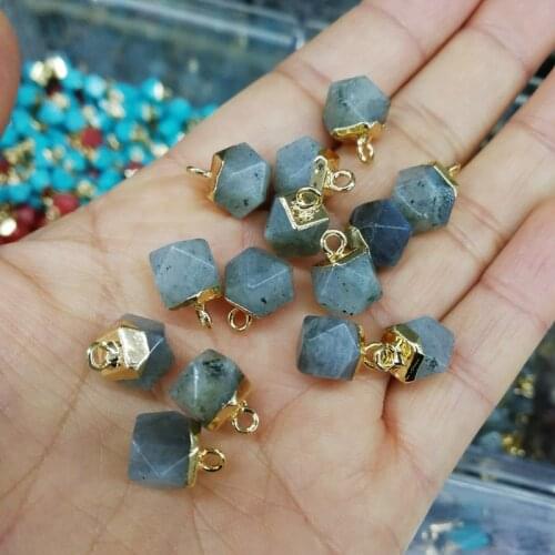 Fashion polyhedron Shape gold rim Faceted labradorite Point Pendant,Natural Stone spectrolite Charms For earring Jewelry