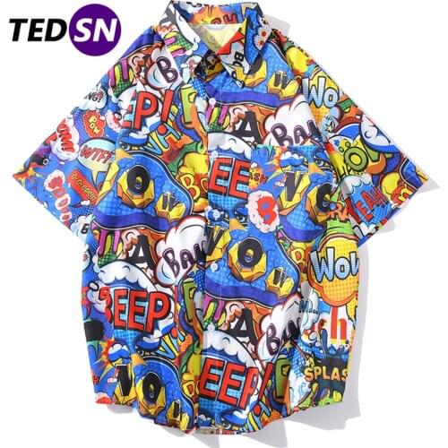 Hawaii Beach Shirts Men 2020 Summer Graffiti Color Block Streetwear Short Sleeve Shirt Casual Cotton Vintage Tops