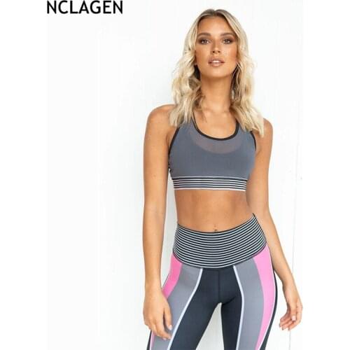 NCLAGEN Women Yoga Two-piece Set Printed Gym Sport Workout Running Fitness Sports Cross-Back Crop Top High Waist Leggings Suit