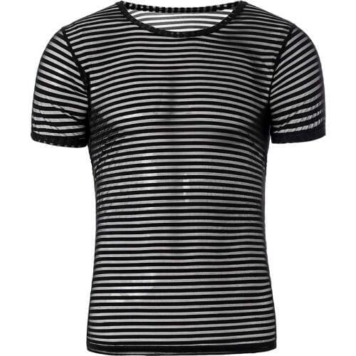 Unisex Undershirt Sexy Mesh Sheer Basic Shirts O-neck Gay Short Sleeves Slimming Undershirts Inner Tops Pajamas Sleeping Wear