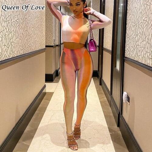 2021 New Streetwear Gradient Pant Outfits Casual 2 Piece Set Women Long Sleeve Crop Top And Leggings Matching Sets