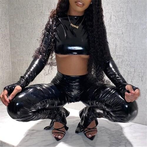 New Black PU Leather Sexy Two Piece Sets For Women Short Tops And Split Pants Winter Autumn 2 Piece Outfits Party Club Tracksuit