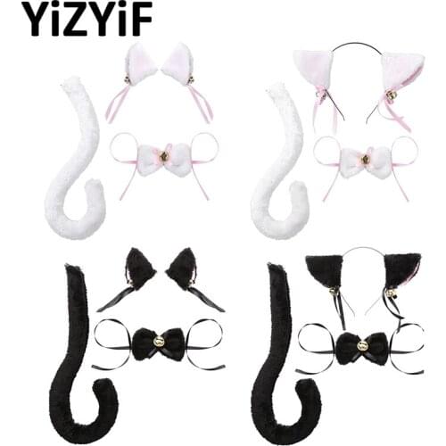 3pc Sexy Cosplay Cat Ears Hair Hoop/Head Hoop with Bow Tie Tail Set Adults Halloween Dress Up Cosplay Costume Accessories