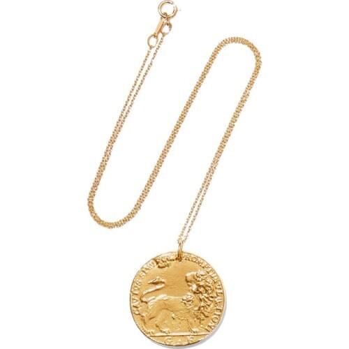 Lion Coin Necklace Womens European and American Retro Court Embossing round Gold Coin Necklace