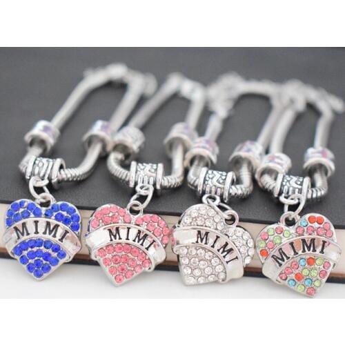 Heart Shape Clear Blue Pink Crystal Engraved Letter Mimi Pendant Necklace Mothers Day Christmas Gifts Family Women Jewelry