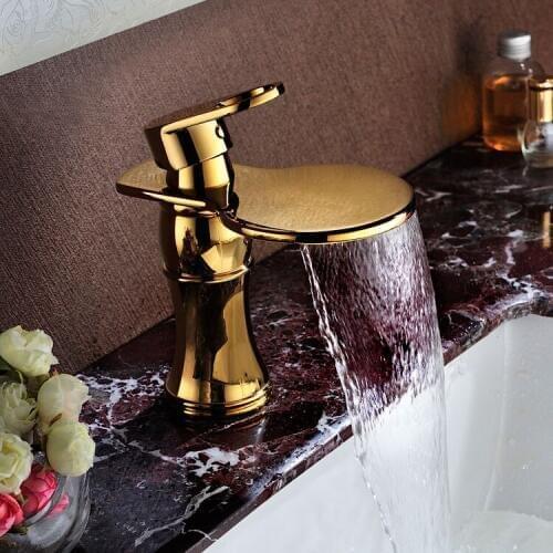 Gold finished High quality brass bathroom sink waterfall faucet golden basin Hot and cold water mixer tap faucet--MD1837