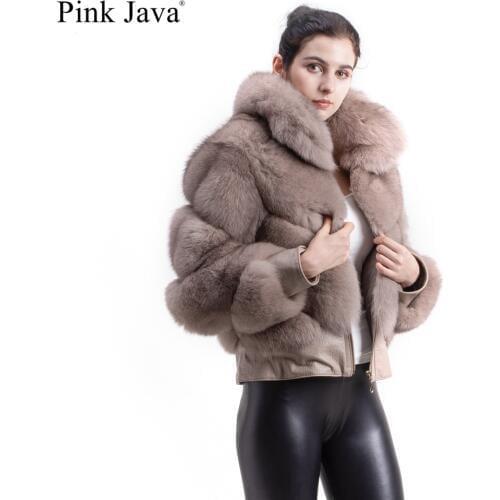 PINK JAVA QC1815 FREE SHIPPING 2018 new arrival women winter thick real fox fur jacket big collar with zipper Printed leather