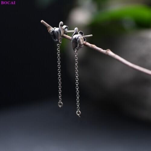 BOCAI S925 sterling silver earrings Fashion Thai silver personality peacock butterfly tassel argentum jewelry ear stud for women