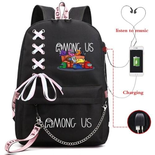 Among of Us Kawaii Stitch Bag Zipper USB Charging Mochila Capacity Backpack Women Men Kpop School Bags for Teenage Students