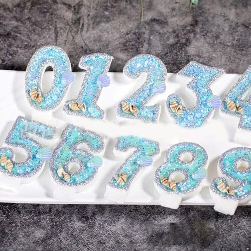 Number 0-9 Blue Shell Glitter Crown Number Cake Toppers Birthday Wedding Cakes Dessert 1pc
