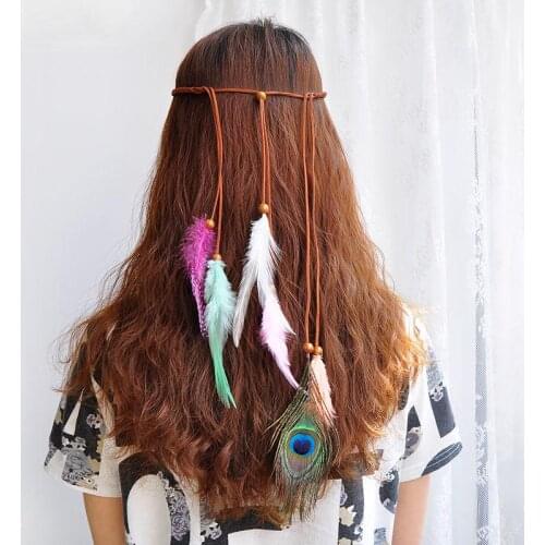 Women Bohemia Fashion Indian Hair Rope Peacock Feathers Hippie Headband Headdress hair accessories