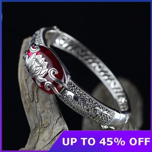 2021 Vintage Ethnic Thai Silver Fishes Lotus Bangles for Women Marcasite Garnet Open Bangles Bracelet Hollow 925 Silver Jewelry