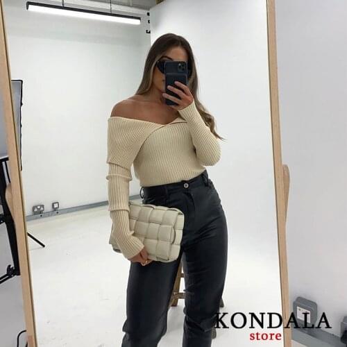 KONDALA Za 2021 Women Beige High Street Slash Neck Sweaters Elegant Long Sleeve Sexy Pullovers Female Chic Mujer Tops
