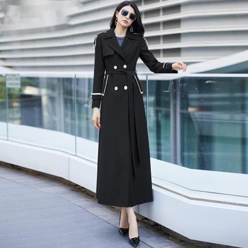2021 Spring Autumn Long Trench Coat Women Double Breasted Slim RainCoat England Style Black Female Outwear Fashion Windbreaker