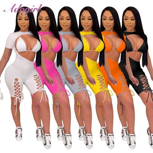 Sexy Solid Lace Up Hollow Out Long Sleeve With Bra Party Club Playsuit Women 2021 Summer Outfit Fitness Jumpsuit Short Rompers