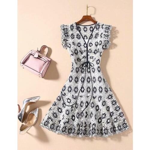 Womens American European and dress 2021 summer new styles Short sleeve V neck hollowed out The embroidery Fashion bow dresse