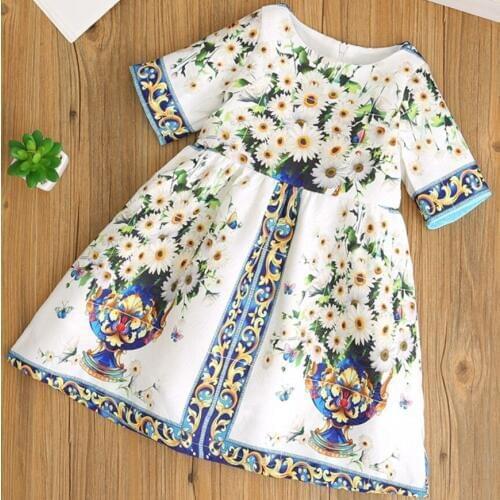2020 spring Baby Girls Dress Small daisies printed vintage Kids for Girls short sleeve a-line Children Princess dress