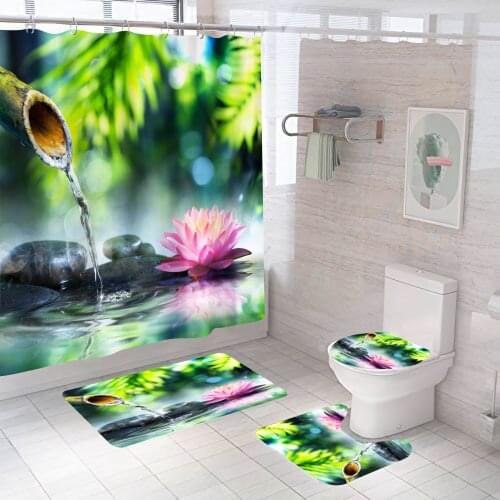 3D Flowers Leaves Peacock Printing Shower Curtain Bathroom 4 Pcs Toilet Mat Carpet Cushion Waterproof Curtain with Hooks