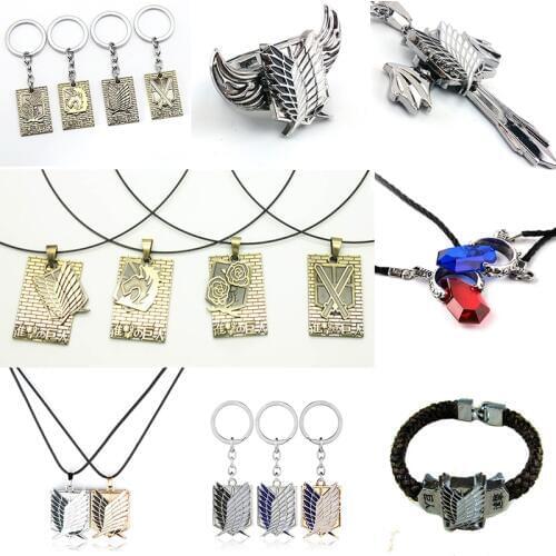 Attack On Titan Gold Silver Accessories Anime Attack On Titan Logo Necklace Keychain Bracelet Ring Finger Titan Sign key Finder