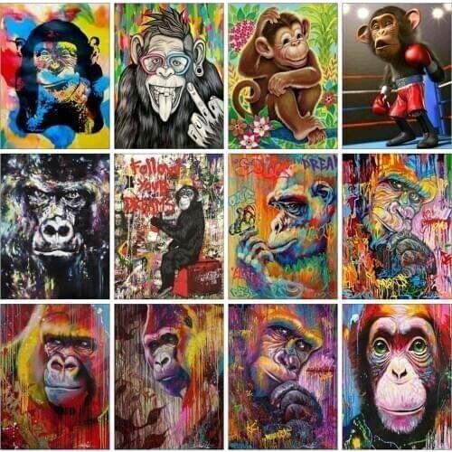 Huacan 5d Diamond Painting Full Drill Monkey Mosaic Color Animal Embroidery Gorilla Wall Stickers Home Decor