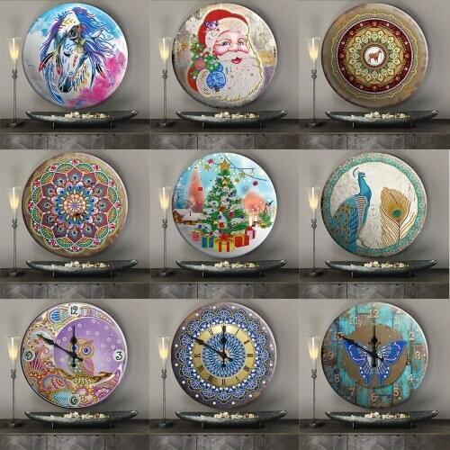 Mandala Animal Pattern Diamond Painting Clock 5D Tin Diamond Embroidery Cross Stitch Round Crystal Mosaic Christmas Decoration