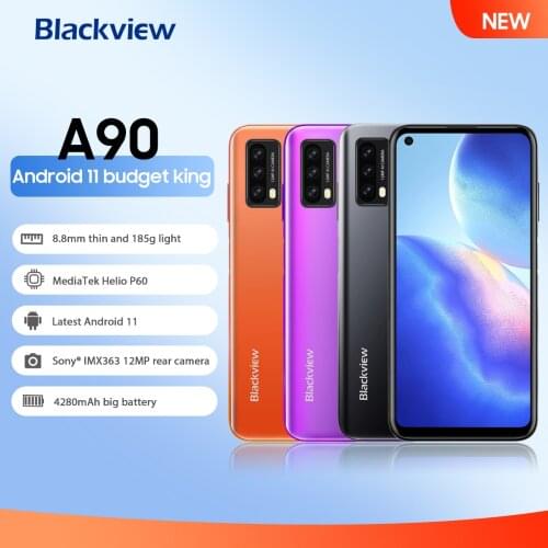 Blackview A90 Smartphone 4GB+64GB Helio P60 Octa Core 12MP HDR Camera Android 11 Mobile Phone 4280mAh 4G LTE Celular Telephone