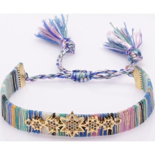 Rainbow mix cz pave gold 5 star charm beads bohemia boho cotton silk wristband adjustable bracelet for woman gift for her