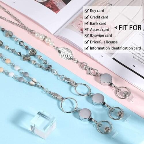 Women Retractable Badge Reel Lanyard with ID Card Holder Necklace Name Badge Holder Lanyard Stainless Steel Beaded Chain