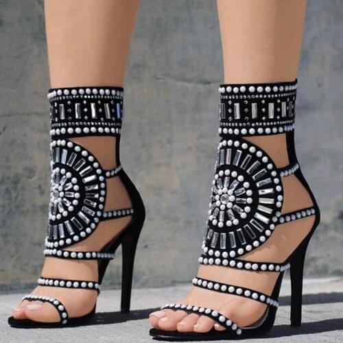 Hot Pearl Straps Crystal Embellished Women Gladiator Sandals Boots Ladies High Heels Rome Style Open toe Zipper Back Sandals