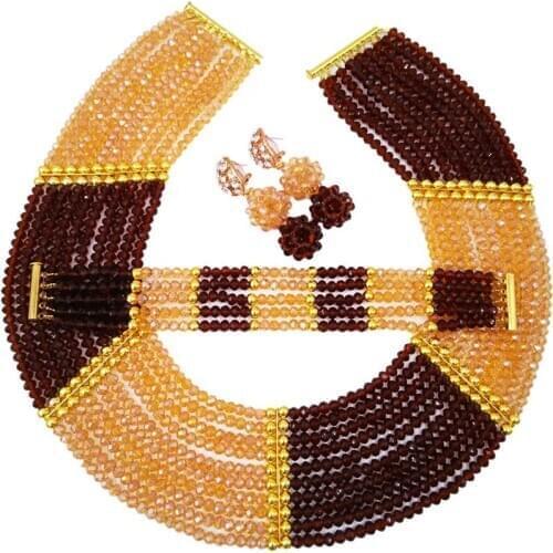 Graceful brown and champagne gold ab crystal nigerian wedding beads african jewelry set CHK-02
