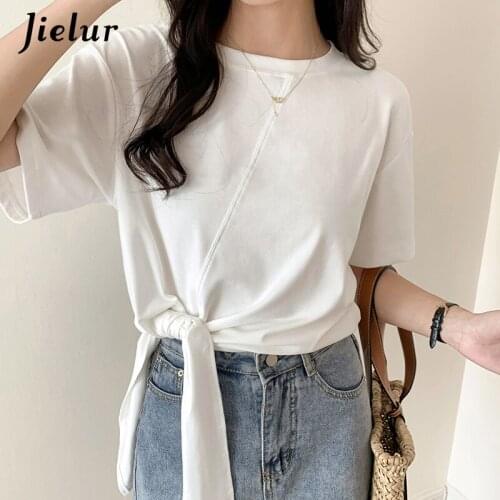 Jielur White Short-sleeved Womens T-shirts Summer Korean Style Loose Cotton T-shirts Female Solid Colour O-neck Tops Black S-XL