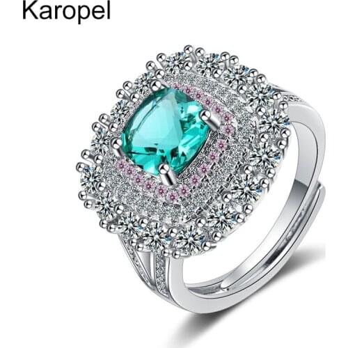 Karopel Luxury Zirconia Geometric Square Big Wide Surface Ring S925 Silver Open Rings for Women Wedding Engagement Jewelry Gift