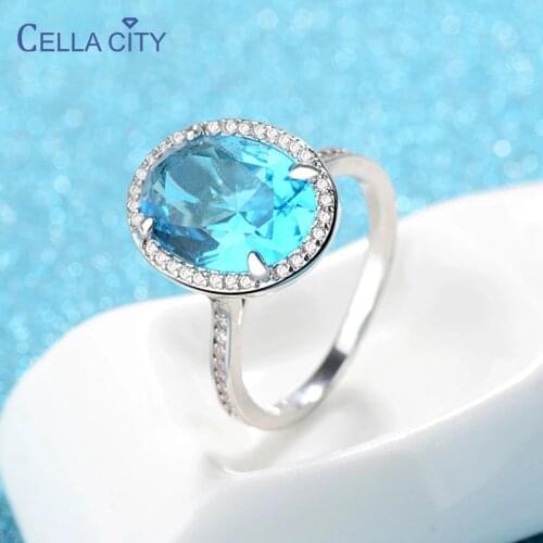 Cellacity Silver 925 Jewelry Oval Blue Gemstone Ring for Women Fashion Personality Hand Adornment Charms Female Gift Size5-10