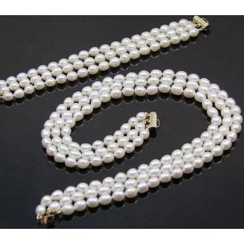 Beautiful 3 Rows Natural White Freshwater Oval Pearl Necklace Bracelet